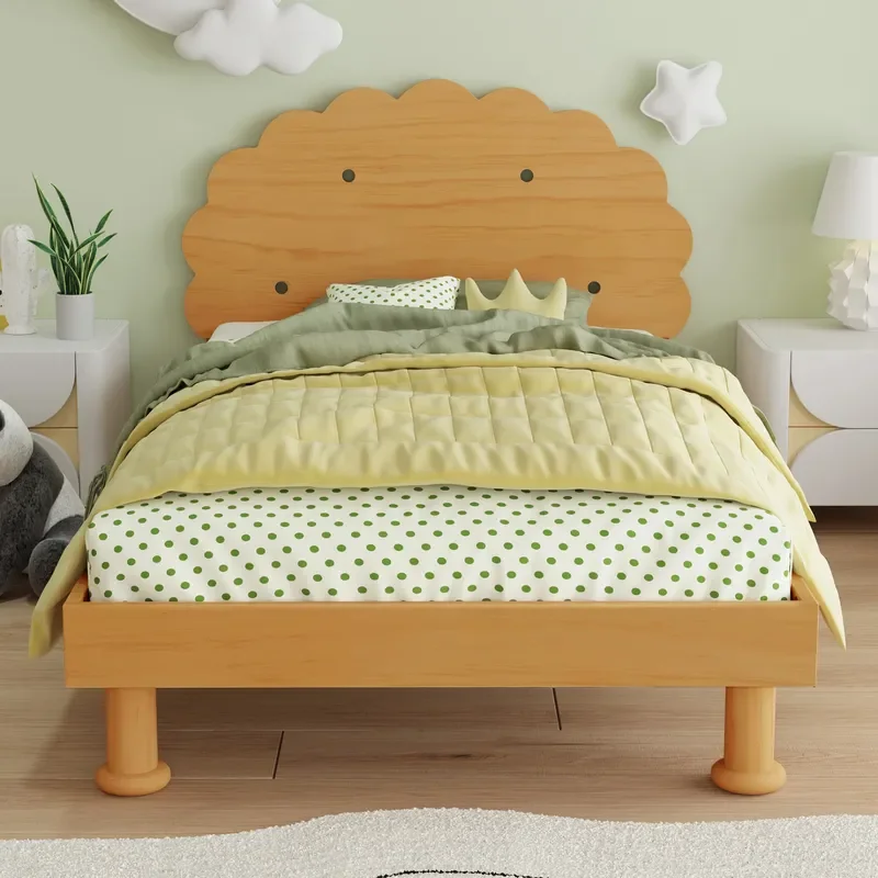 Walnut Solid Wood Kids Bed Frame Biscuit Shape Platform Design Durable Nursery Furniture for Boys Girls Bedroom Decor