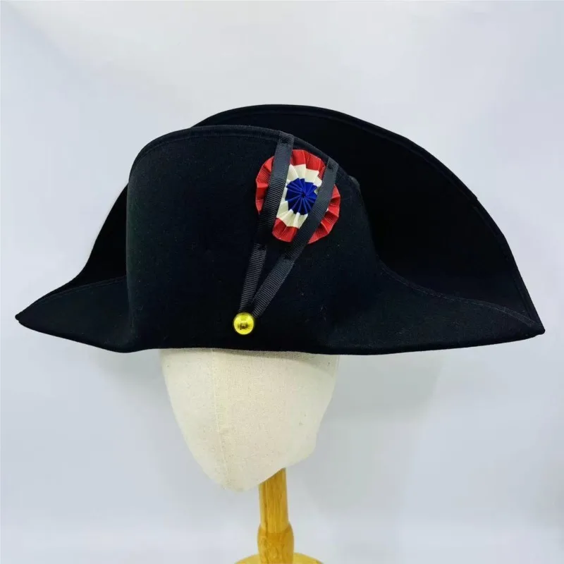 

French Napoleon Admiral Captains Bicorne Hat Woolen Cap Fashion Black Adult Cosplay Prop Accessories