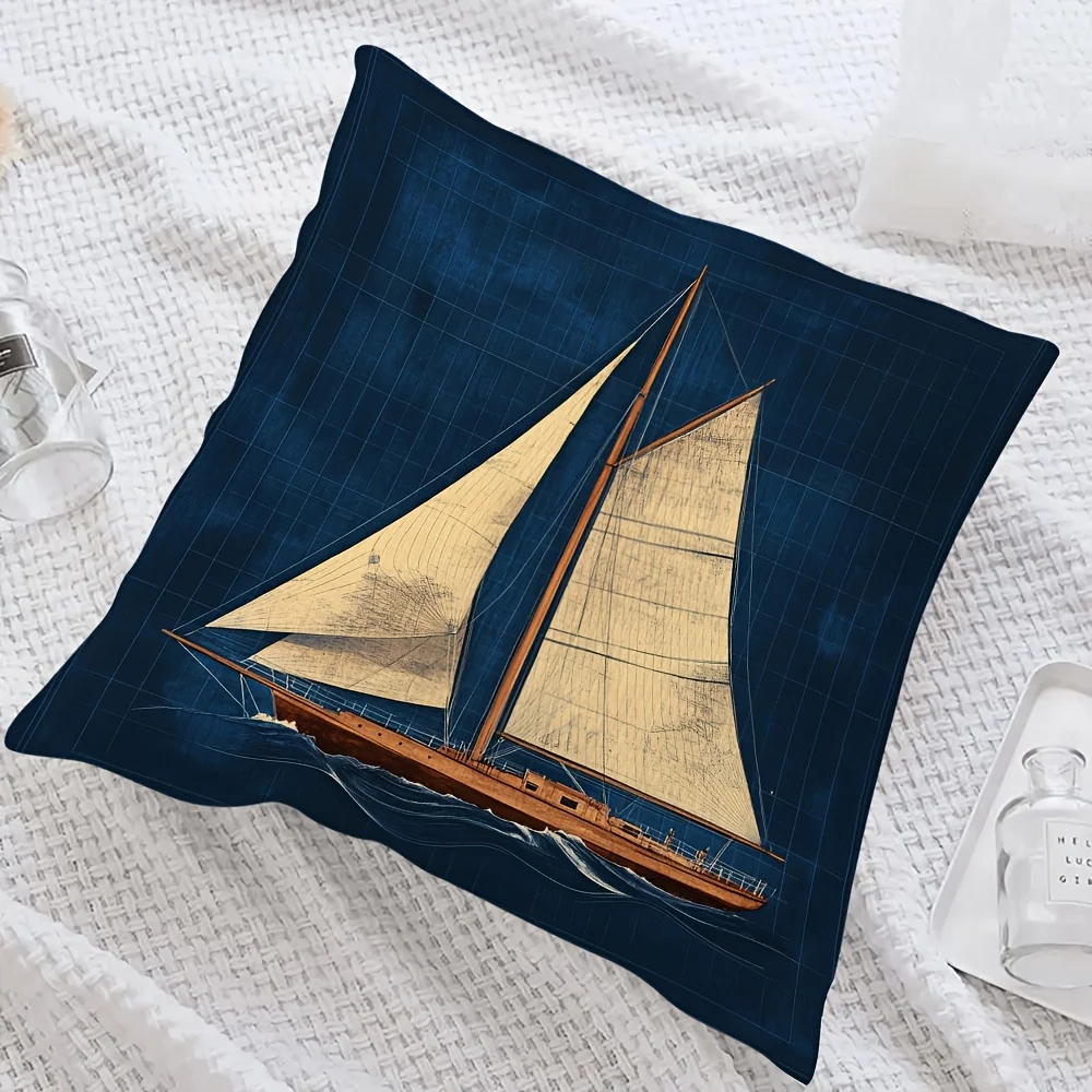 Vintage Sailboat Pillowcase, Nautical Blueprint Cushion Cover, Retro Yacht Art, Navy Blue Home Decor, Coastal Style Throw Pillow