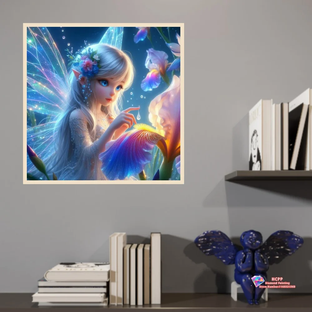 Silver Haired Fairy with Iridescent Wings Surrounded by Giant Iris Flowers Diamond Painting Set with Square and Round Diamonds