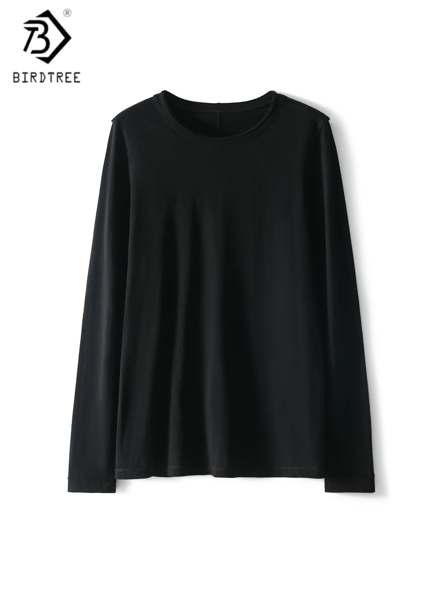 

Birdtree, однотонная майка из смешанного шерсти и шелка, женская трикотажная базовая футболка с круглым вырезом, мягкие черные топы с длинными рукавами, новинка 2025 года T5D603JF