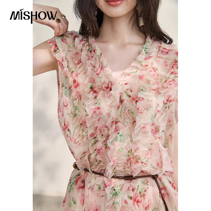 MISHOW Women's Floral Print Blouse 2026 Summer French V Neck Ruffle Sleeveless Blouses Loose Slim Sweet Casual Top MXF28X2735