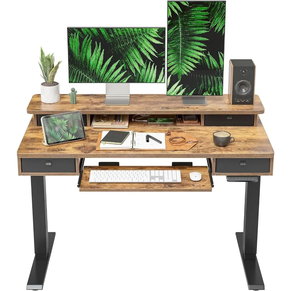 

Height Adjustable Electric Standing Desk with 4 Drawers and Keyboard Tray, 48 x 24 Inch Table with Storage Shelf