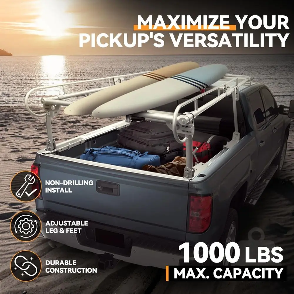 1000 lbs Capacity Adjustable Steel Truck Ladder Rack, 132 x 57, No-Drill Lumber Utility Rack for Truck Bed (Silver)