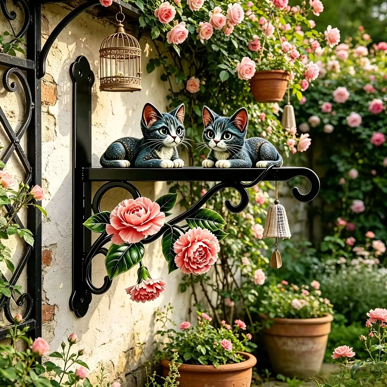 2D Flat Cute Cat Metal Plant Hanger, Rustic Style Flower Wall Hook for Hanging Flower Pots and Lanterns, Outdoor Garden