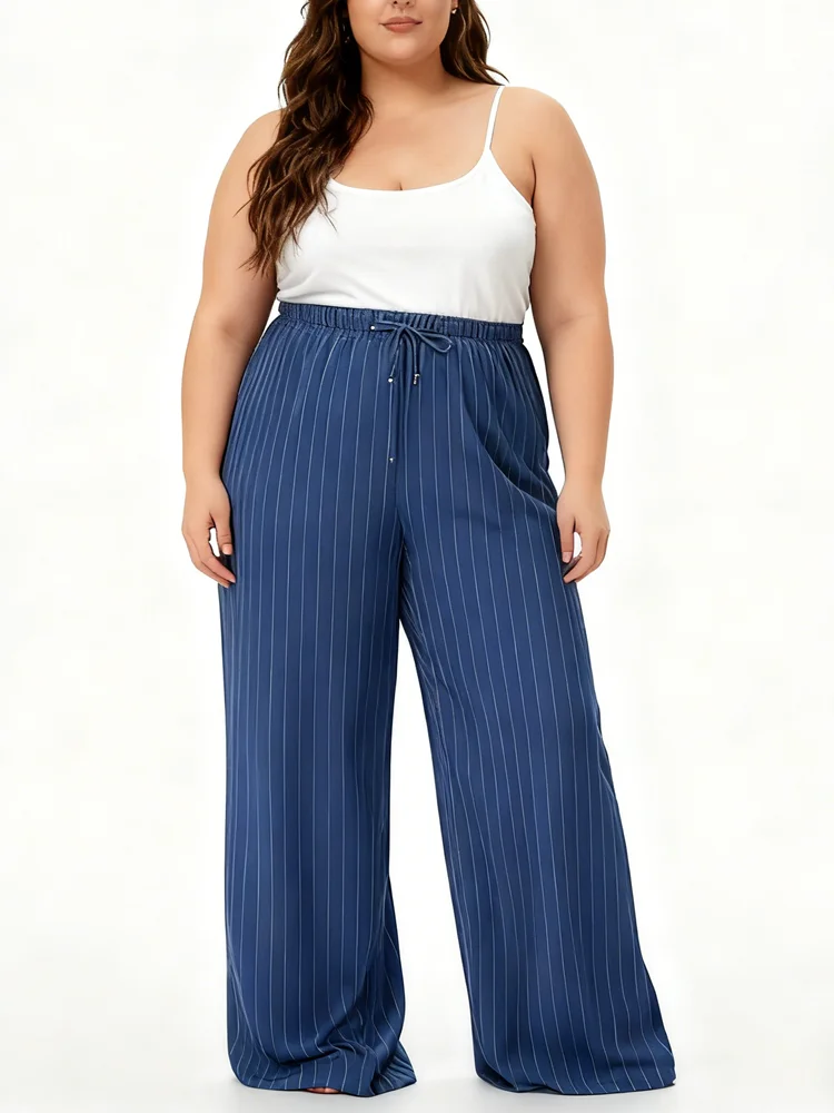 Plus Size 1XL-5XL Women's Fashion Stripe Print Pants Ladies Casul Comfortable Drawstring Waist Elastic Loose Pants