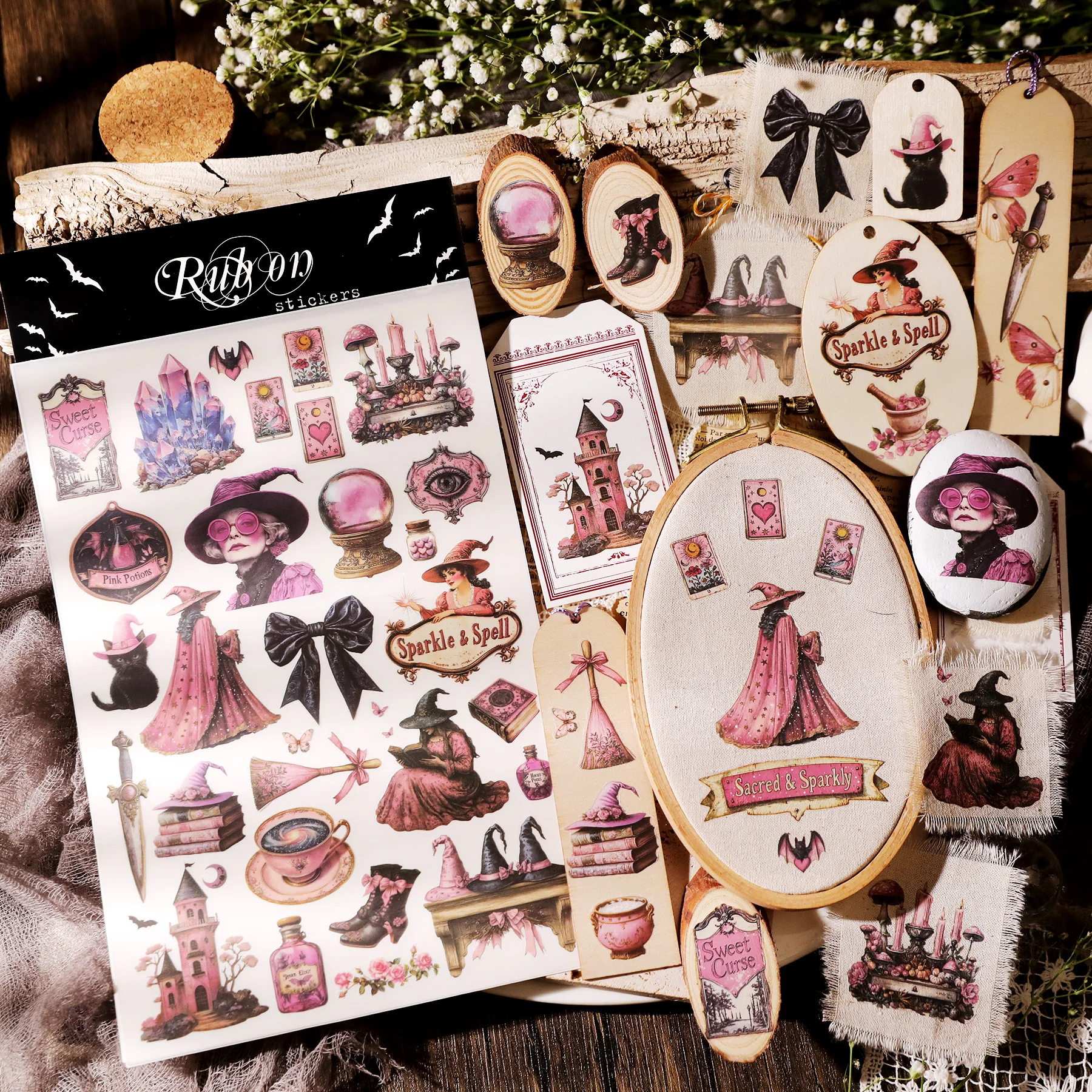 Stickers Journal Collage Material Cloth Transfer Paper Retro Style Pink Witch Halloween
