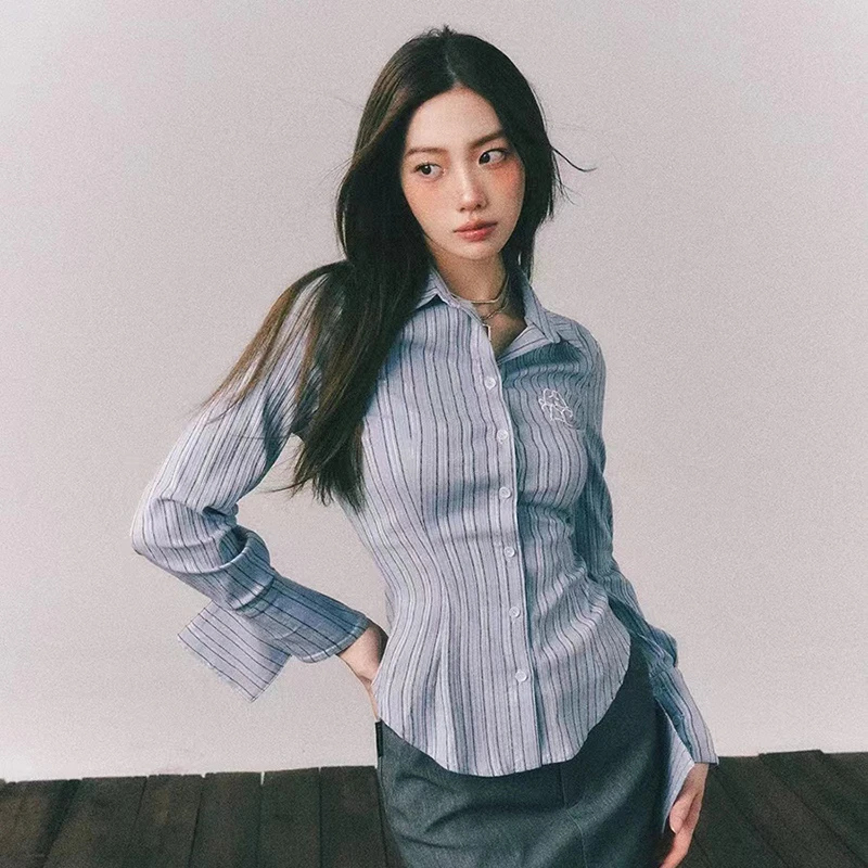 Vintage Embroidered Striped Shirts Women Y2k Sexy Slim Long Sleeve Lapel Tops Ladies Harajuku All-match Streetwear Button Blouse