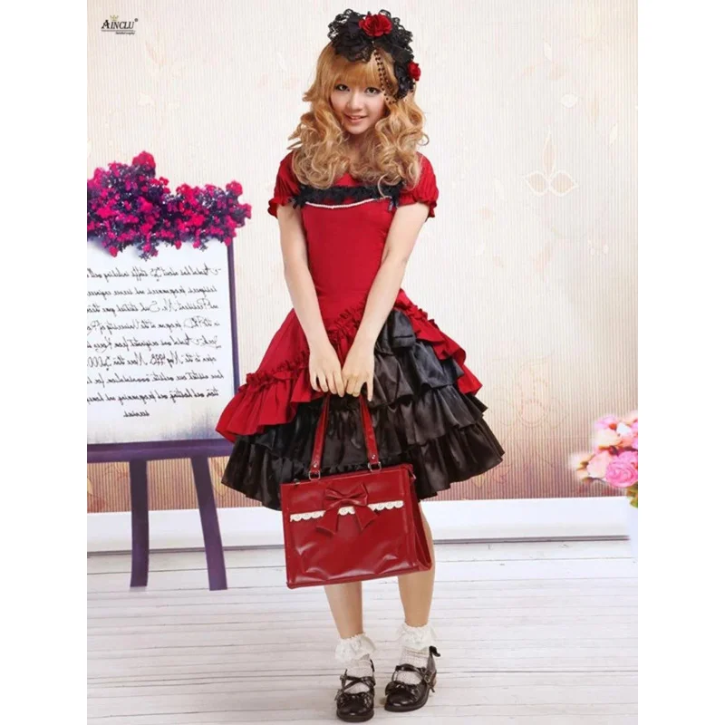 Ainclu lolita sukienka damska słodka ciemnoczerwona bawełna z krótkim rękawem styl Lolita gotyckie dziewczyny party lolita sukienka XS-XXL