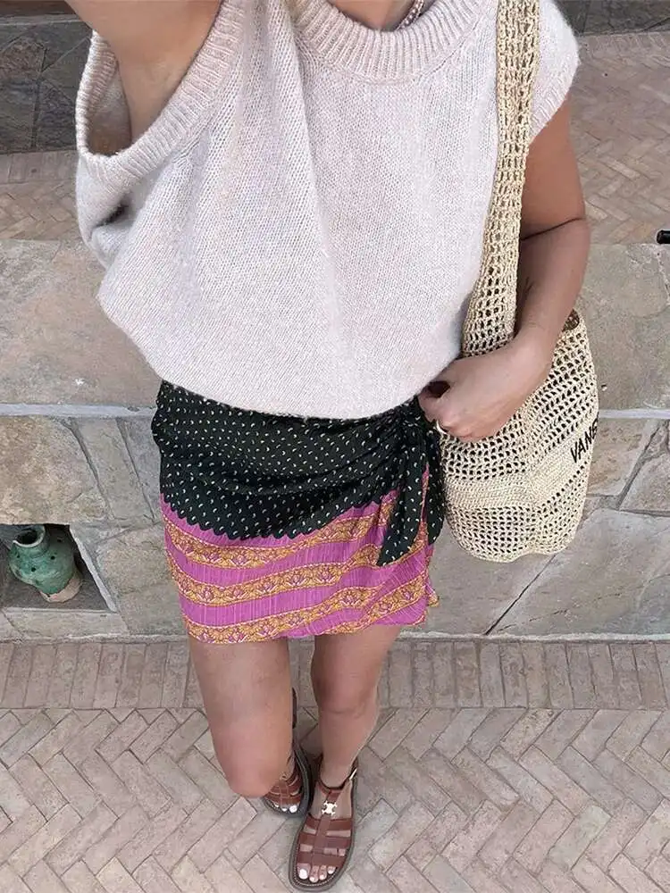 Eleganckie sznurowane spódnice z nadrukiem w kształcie fali Patchwork Mini modne kolory kolizyjne nowe damskie letnie spódnice BabYoungBeach