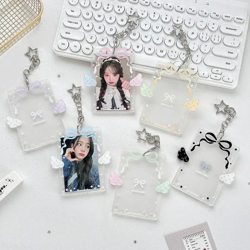 Acrylic Photocard Holder With Cute Bow Wing Design Star Keychain For Fans Collect Idol Photos School ID Badges