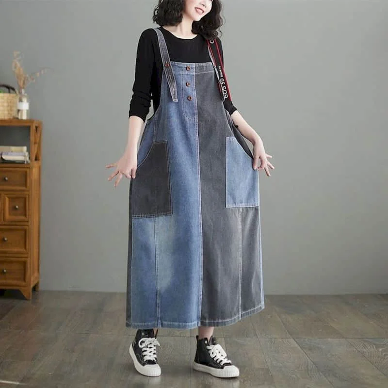 Denim Strap Dress for Women Patchwork Sleeveless Casual Streetwear Fork Design Korean Style Oversized Retro Ankle Length Dress