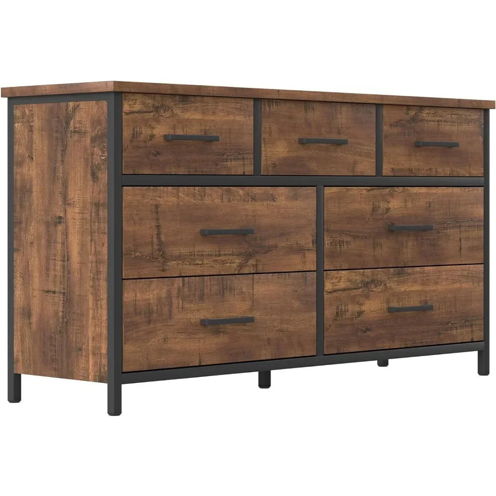 7 Drawer Dresser,for Bedroom, Industrial Wood Storage Dressers & Chests of Drawers with Sturdy Steel Frame,Dressers