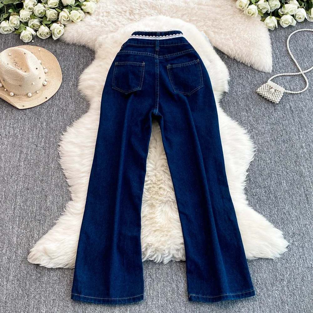 TWOTWINSTYLE New Colorblock Spliced Lace Chic Denim Pants For Women High Waist Weide Leg Straight Pants Female Fashion KPA522443