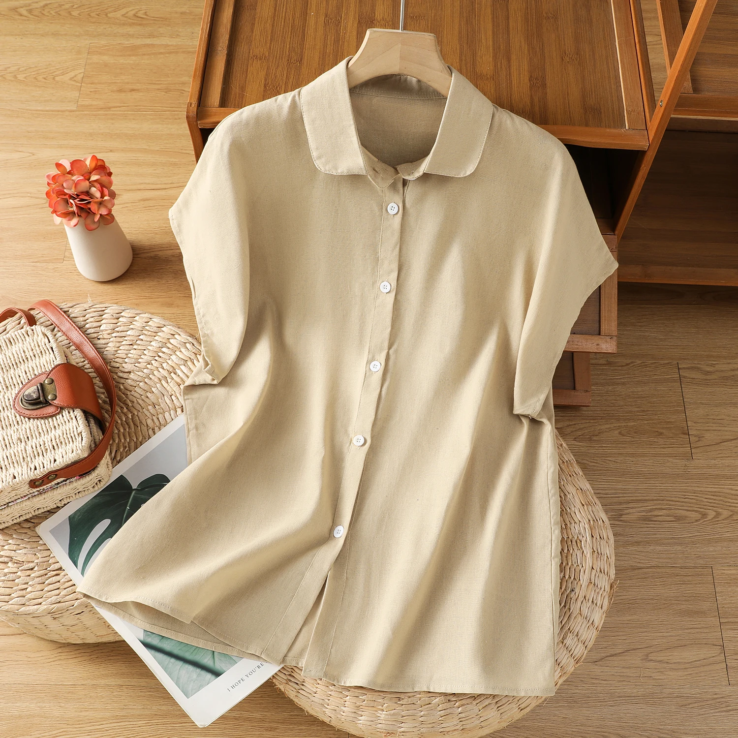 

Ele Svel Artistic Simple Linen irt Women's Single Button Small Collar Loose Commute Versatile Top Cotton 00%