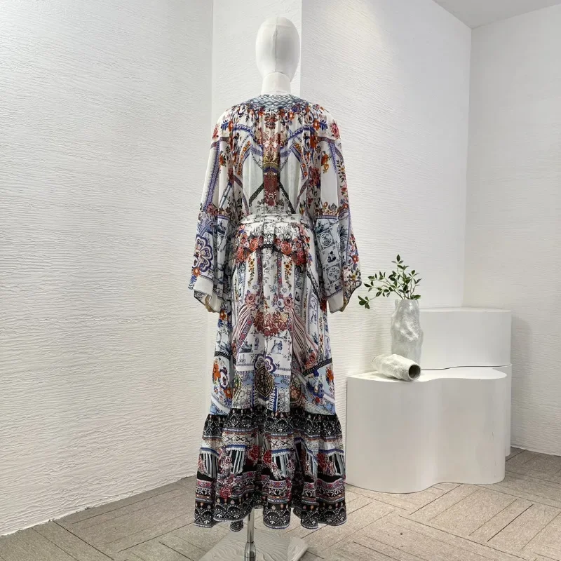 Multicolor Floral Print Long Sleeve Diamonds Midi Dress Long Vintage Elegant Dresses Summer Women Clothing 2024