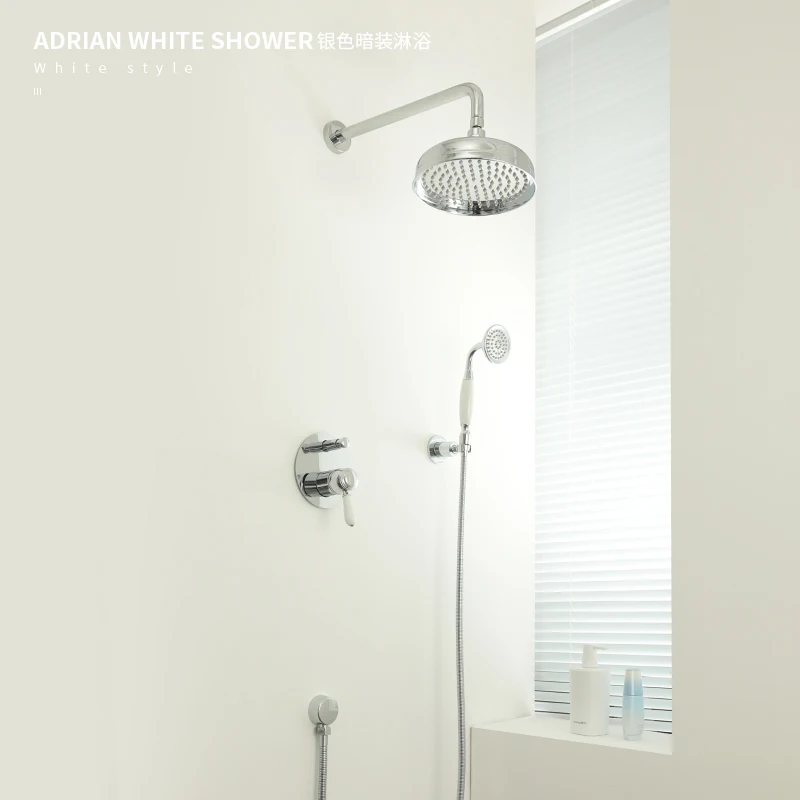 European style retro wall mounted shower in bathroom, fully copper embedded bathroom, hot and cold concealed shower head