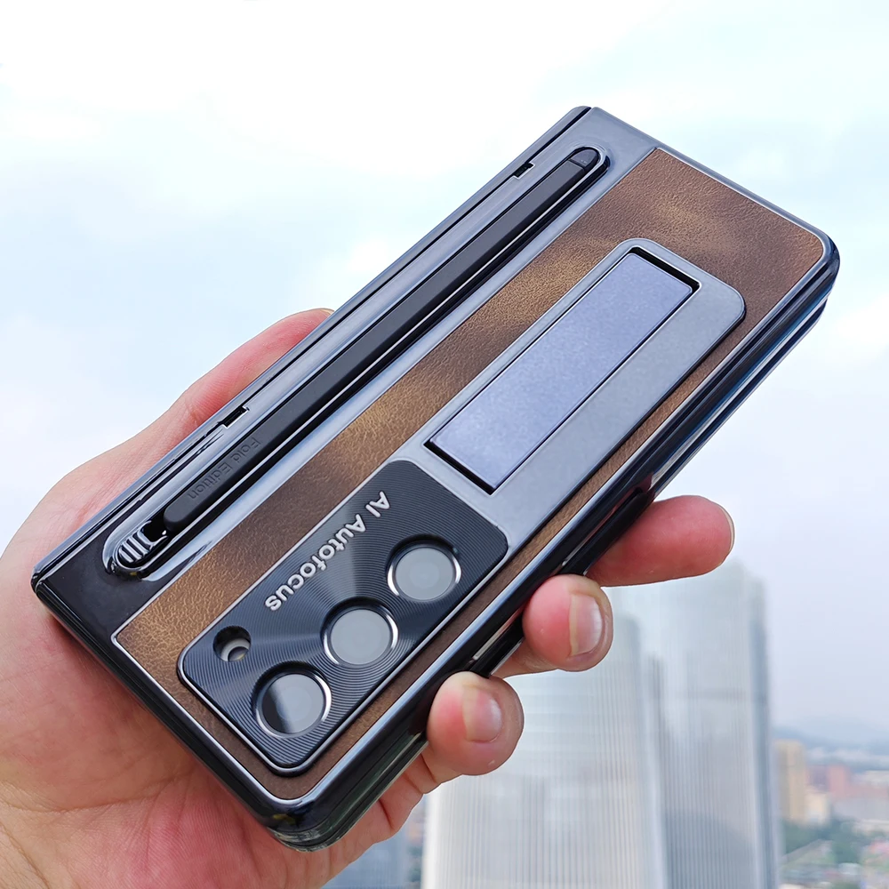 

Leather Bracket Pen Slot With Stylus Case For Samsung Galaxy Z W25 Fold6 5 Glass Screen Hinge Protection Cover For Z Fold 6 Slim