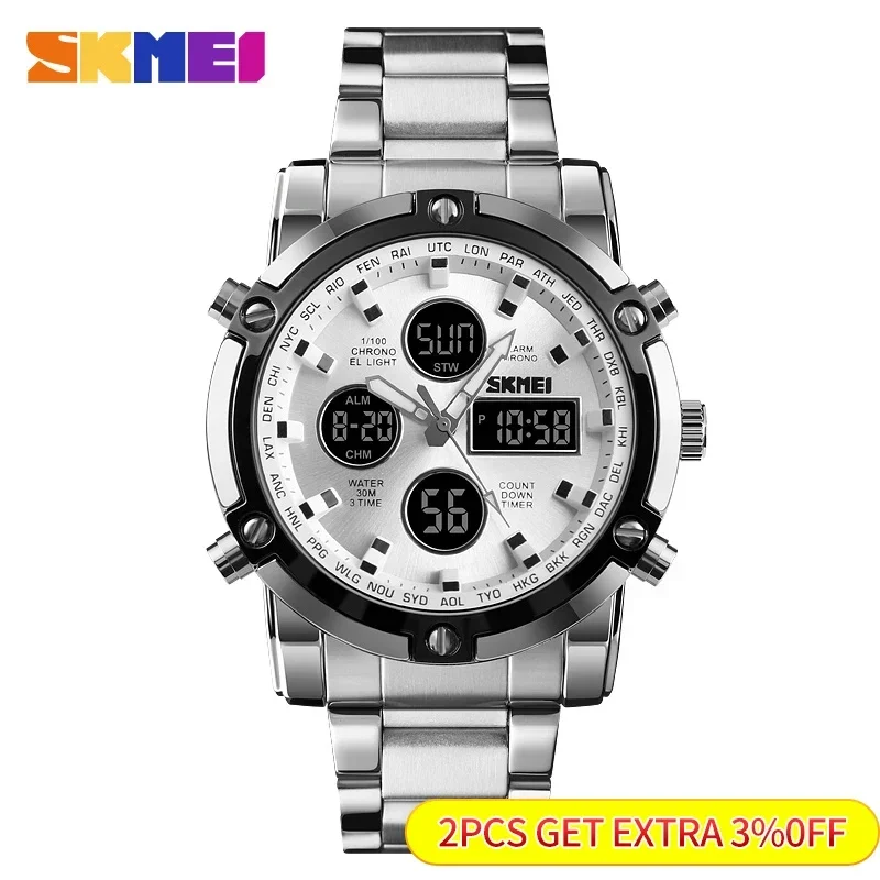 SKMEI 1389 Steel Strap Wristwatch Clock Relogio Masculino Digital Quartz Watches Men Three Time Quartz Wrist Men Countdown Watch