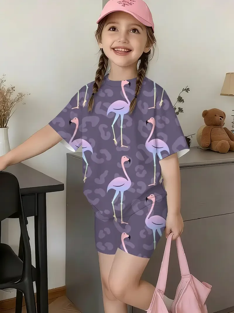 Cute tropical flamingo pattern print top + shorts beach style two-piece set for girls