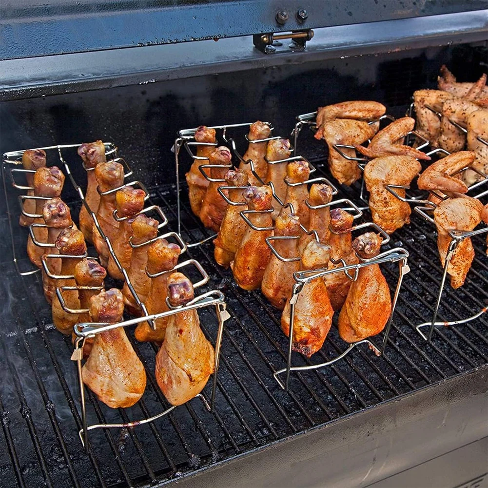 

BBQ Beef Chicken Leg Wing Grill Stainless Steel Folde Drumsticks Holder Oven Roaster Stand with Drip Pan Tools