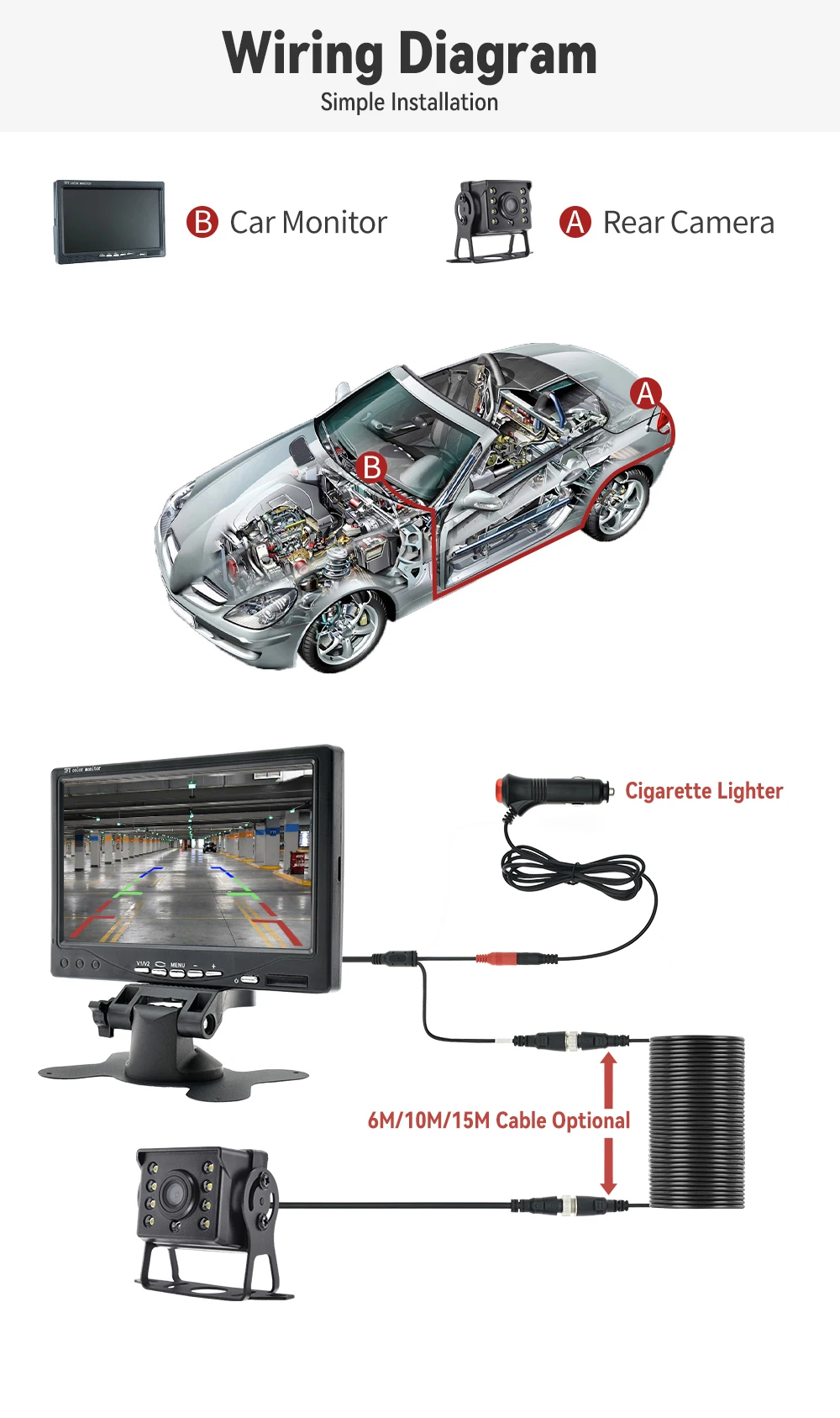 1080P RCA Rear View Camera Parking Sensor System 7in Car Monitor 10m Video Cable for Rv Truck Bus Van