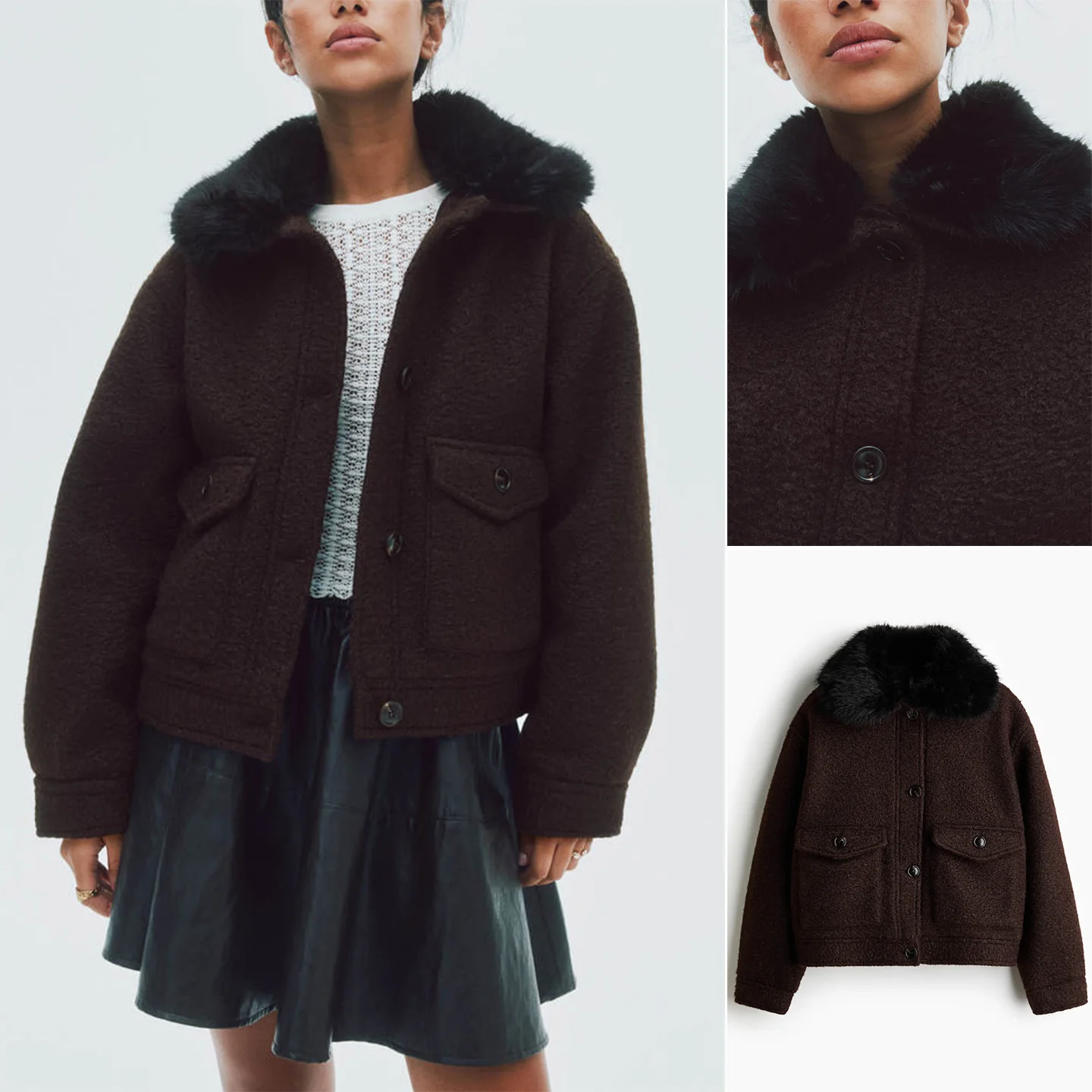 

Winter New Women's Furry Collar Long Sve Warm Loose Tweed ort Coat Jaet Polyester Fiber 00% Ladies Faion Outerwear