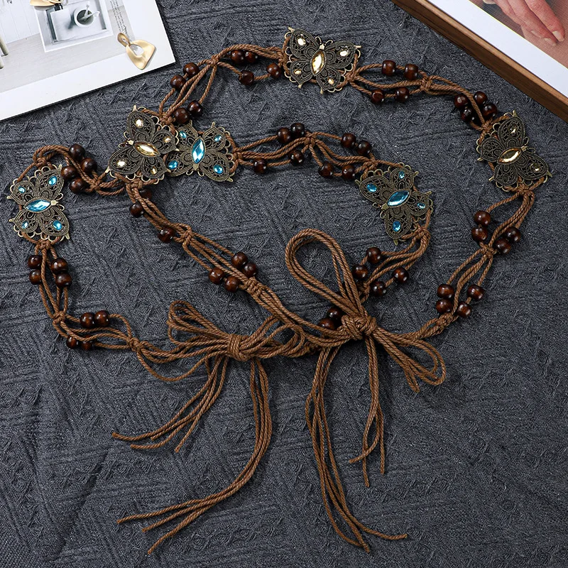 

Boho Style Hand-woven Women Belt Ethnic Style Butterfly Waist Chain for Dress Sweater 170cm Retro Thin Waist Belt