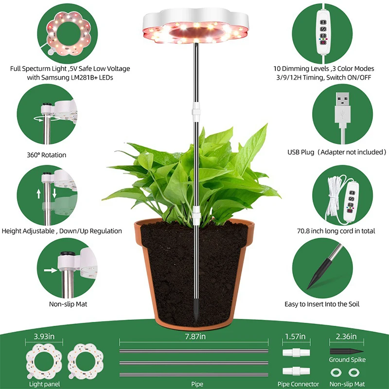 Ajustável hidropônico crescer lâmpada para plantas de interior, crescer luz, espectro completo, flor mudas, lâmpada com controle, 24LEDs