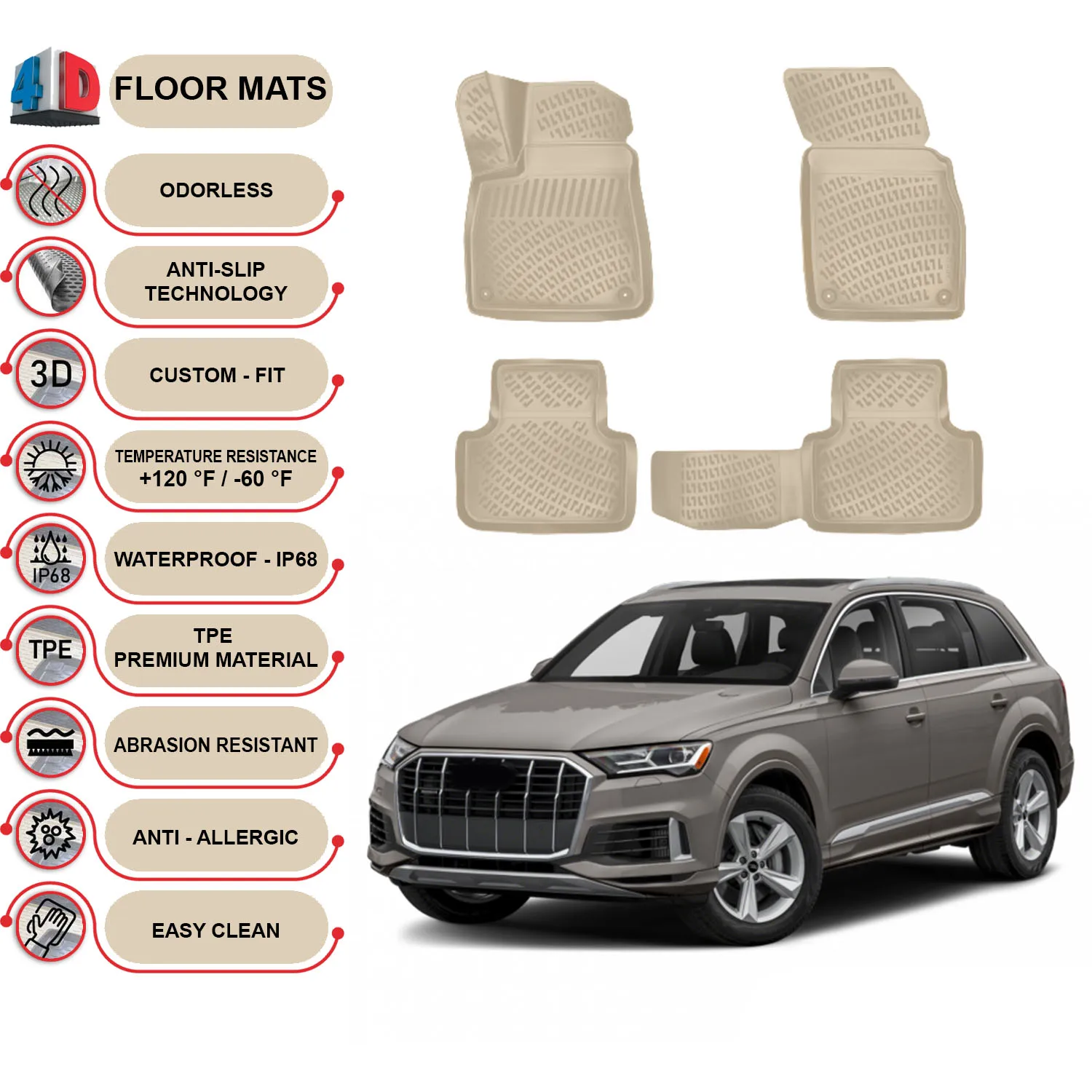 Audi Q7 - (2016-2022) Floor Mats Liner Waterproof 3D - (Beige)