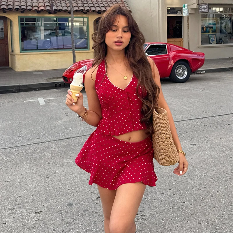 

Summer Vacation Sweet Top Skirt Sets Deep V Neck Dot Pattern Crop Tops A Line Low Waist Mini Skirts 2025 New Lady Beach Outfits