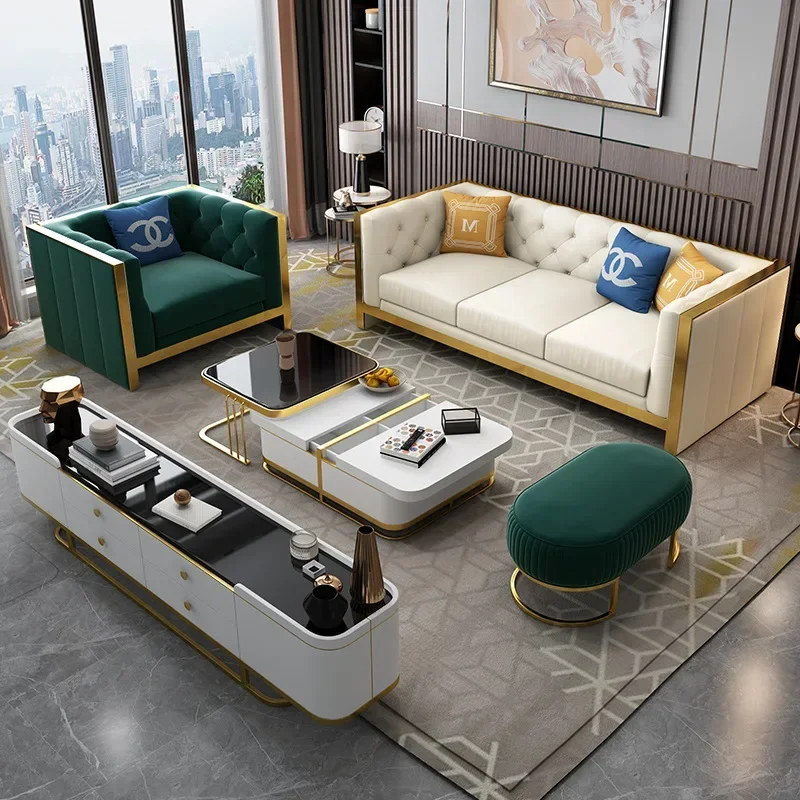 

For Luxury fabric Chesterfield sofa set furniture modern high end leather sofa with tv stand and coffee table set combination