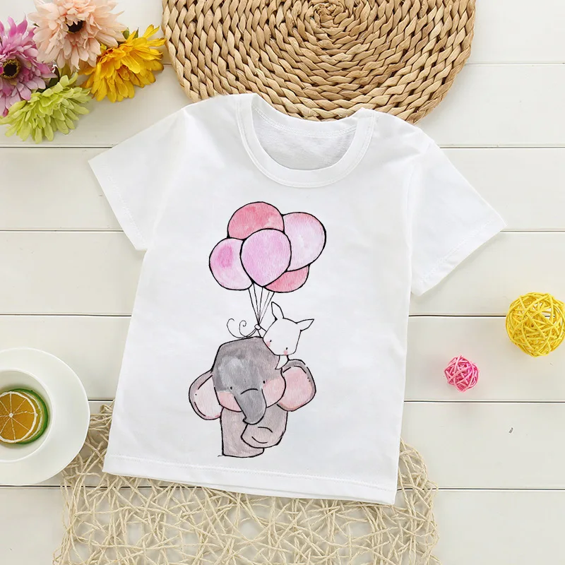 

Summer fun little elephant balloon cartoon printed round neck children short sleeved casual boys and girls white T-shirt