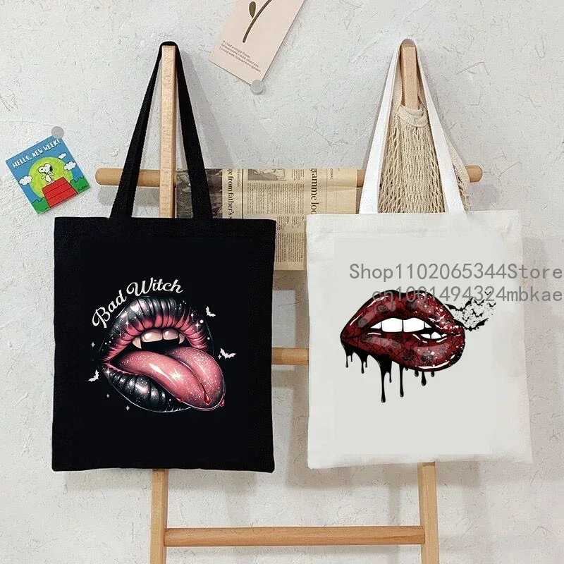 2024 Canvas Tote Bag Women's Gothic Sexy Lips Handbag Bad Witch Vintage Y2K Aesthetics Shopping Bags Halloween Teen Shoulder Bag