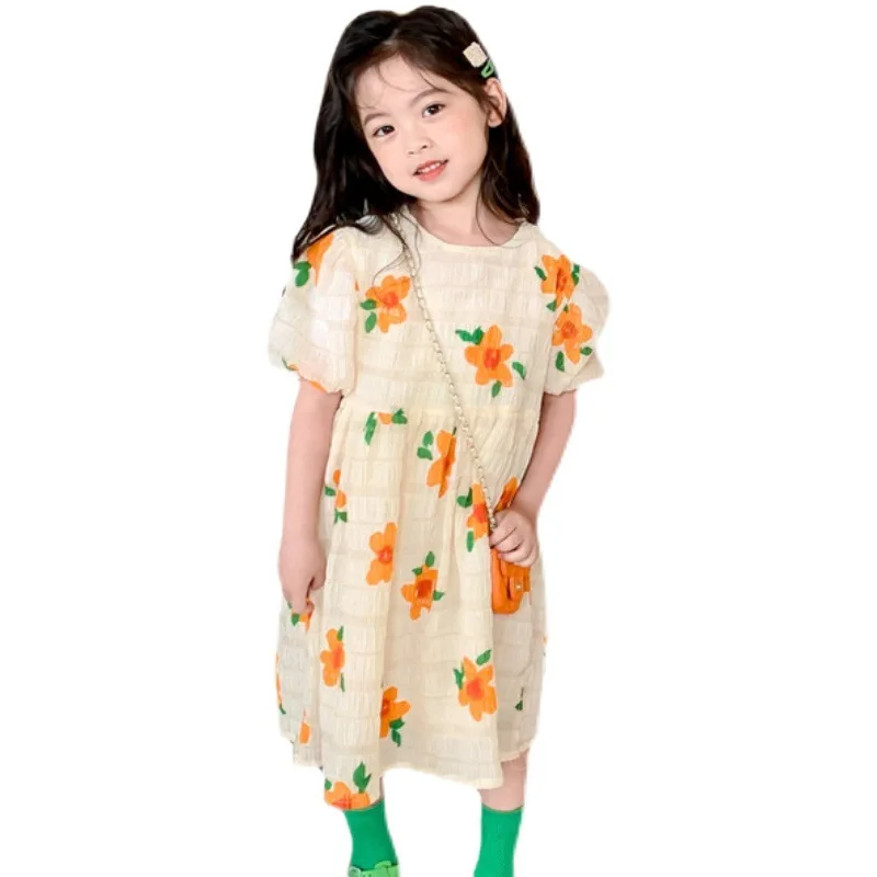 2024 Pastoral  summer girls orange flower puff sleeve dresses children\'s floral Short sleeve princess dress