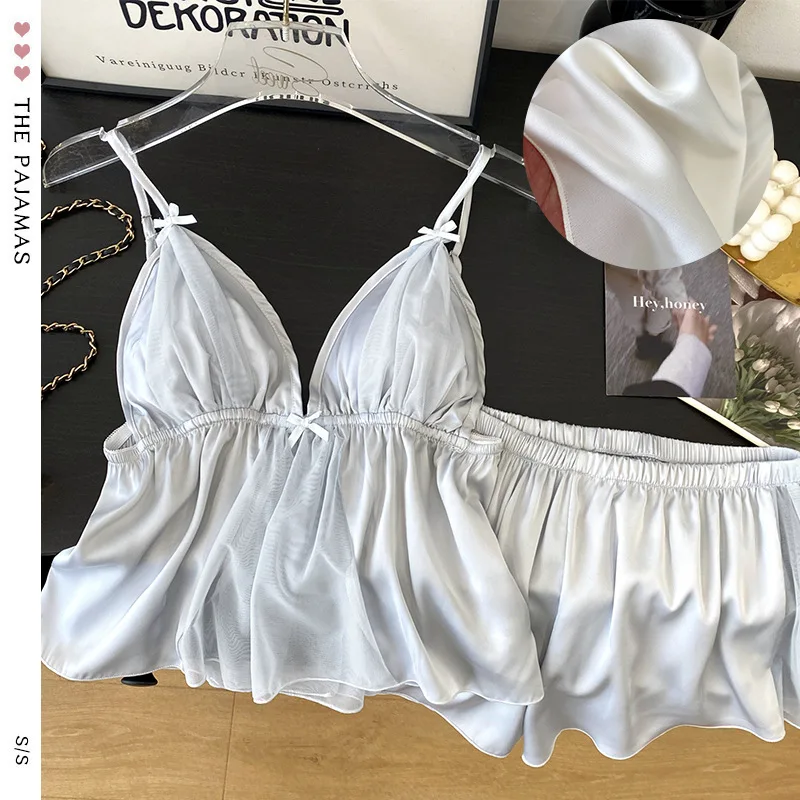 

2PCS Lace Sleepwear Strap Pajamas Suit Womens Sexy Suspender Cami&Shorts Pijamas Sleep Set Summer Silky Satin Home Clothes