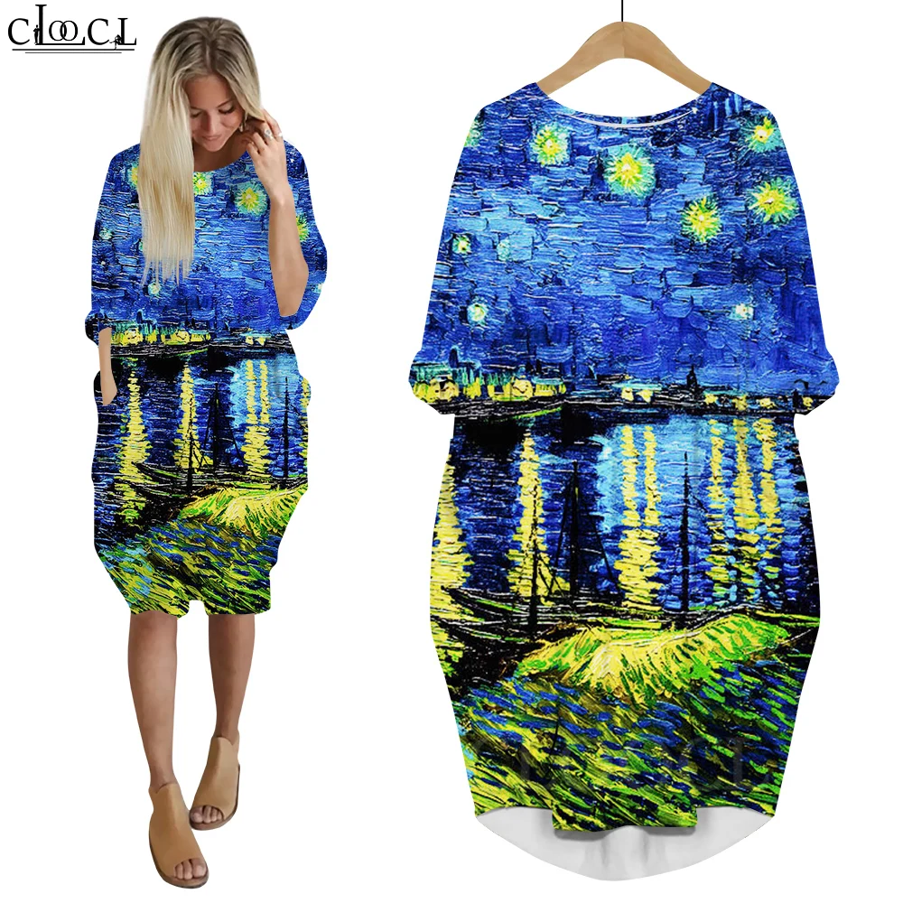 CLOOCL Van Gogh Dress Women Clothing Starry Sky and Fields Painting 3D Printing Dress Long Sleeve Party Evening Mid Dress