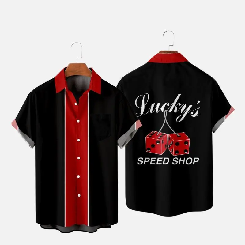 Men's Shirt - New Spring 2019 European Style 3D Printed Collar Short shirts Sleeve Retro Stripes Casual Shirt for Men
