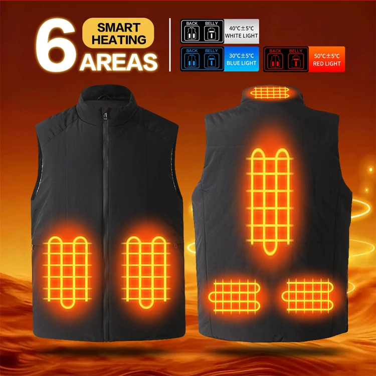 Beheizte Herrenweste, USB-aufladbar, 6 Heizzonen, elektrische Thermoweste, Stehkragen, ärmellose Heizweste, waschbar, Winter – Detail 2