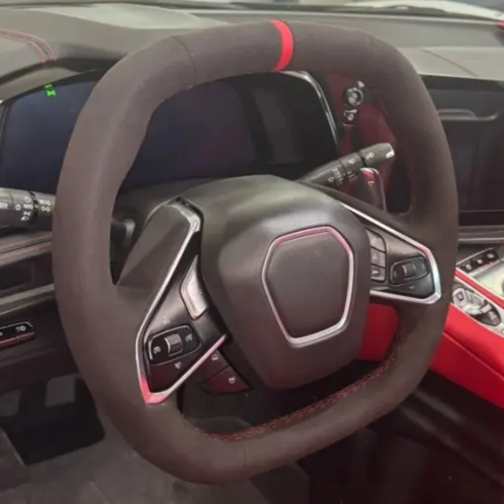Hand Sewing Suede Car Steering Wheel Cover C8 2020 2021 2022-2025 Car Accessories Interior Steering Wrap Cover For Corvette C8