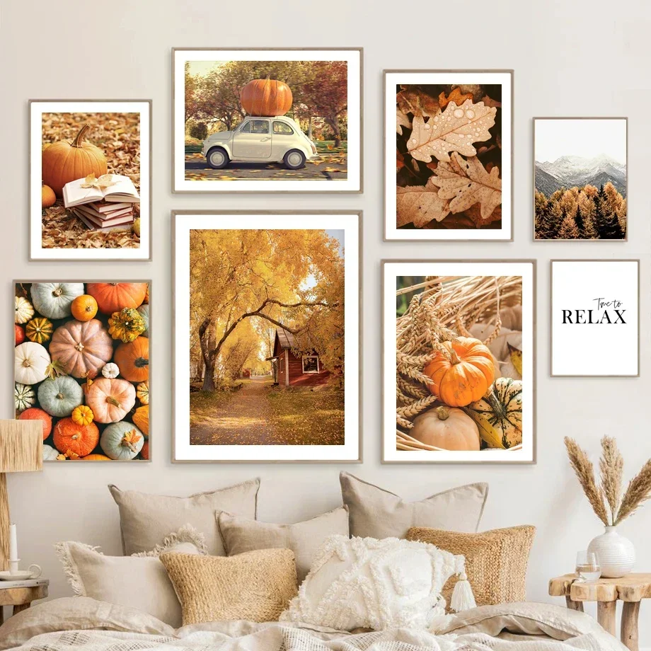 Autumn Yellow Fallen Leaves Scenery Canvas Painting Fall Pumpkin Halloween Wall Art Print Poster Modern Living Room Home Decor