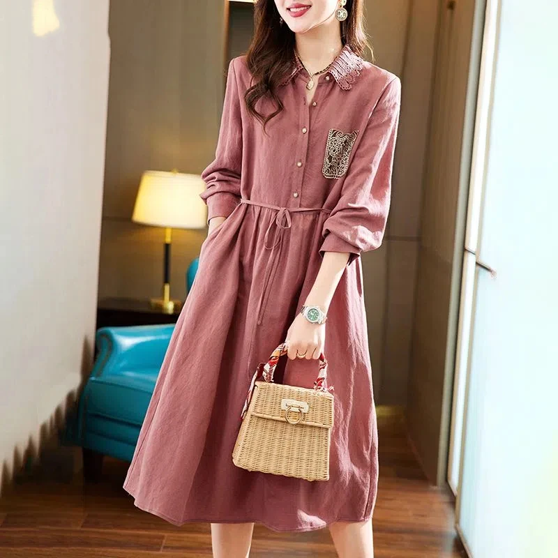 ربيع الخريف بلون بدوره إلى أسفل طوق كم طويل ميدي فستان المرأة شارع العليا القطن القنب فساتين الدانتيل زر جلد رداء