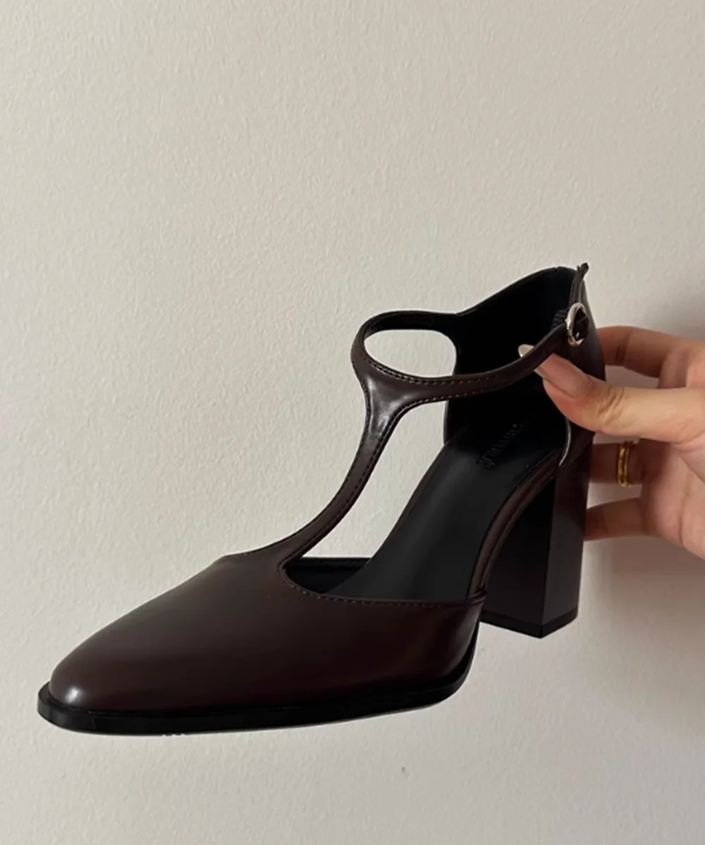 

Spring/Summer New Pointed Toe High-Heeled Mules Chocolate Brown One-Strap Chunky Block Heel Adjustable Ankle Buckle Sandals