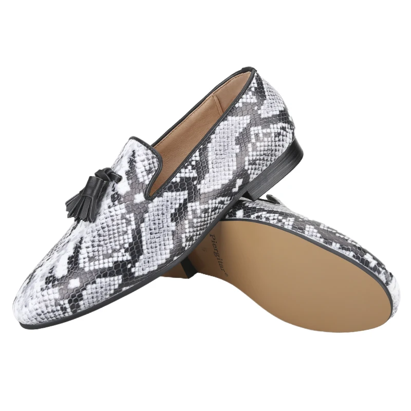 Piergitar New Style Gray Snake Embossed Leather Men's Loafers Handmade Tassel Design Moccasin Plus Size Male Smoking Slippers