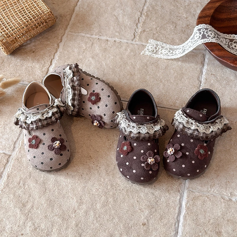 Little Girls Polka Dot Flower Suede Shoes, Plaid Lace Trim Hook-and-Loop Soft Sole Retro Flats