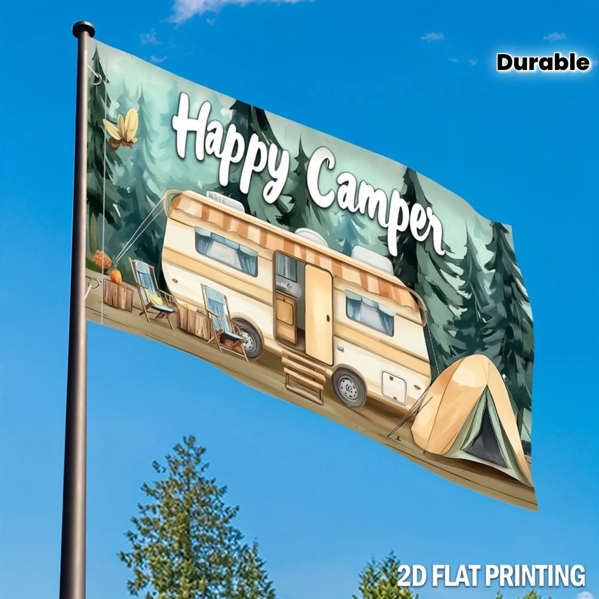 Happy Camper RV Tent Polyester Flag Durable Outdoor Yard Banner Camping Theme Decoration