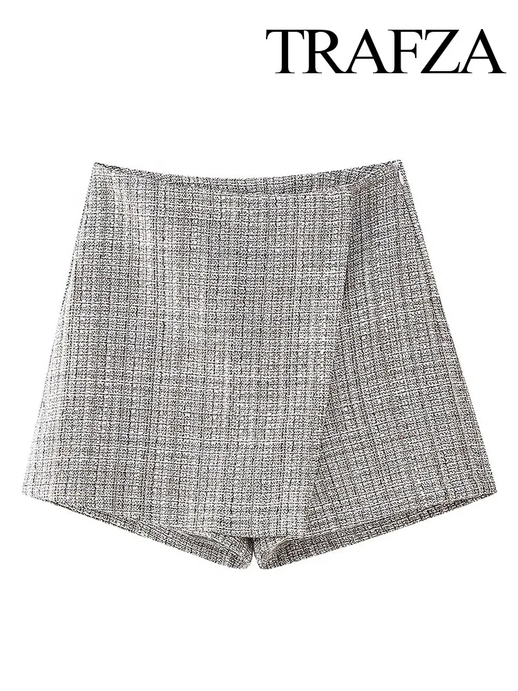 

TRAFZA Women Summer Fashion Wool Textured Asymmetrical Skirts Female New Elegant Sexy Gingham Casual Zipper Street Shorts Skirt