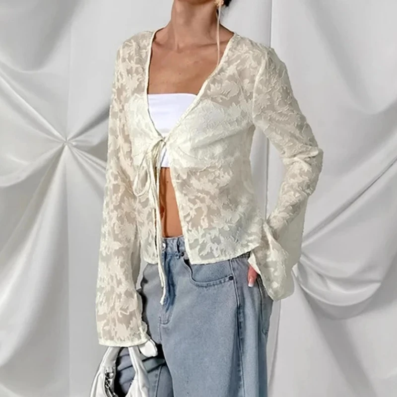 Summer 2025 Bohemian Apricot Lace Cardigan Top Women's Casual Bell Sleeve Shirt