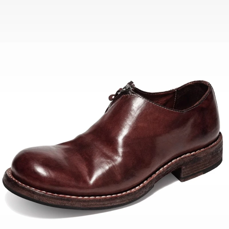 England Men's Loafers Shoes Horse Leather Hand Sewn Thick Platform Shoes for Men Breathable Comfortable Side Zipper Derby Shoes