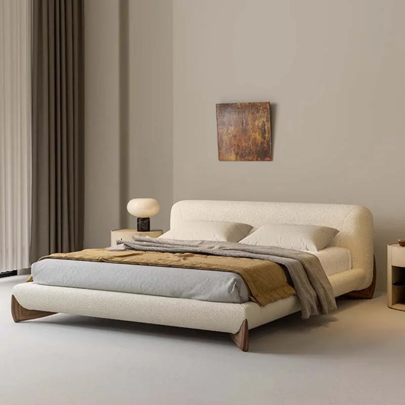 

Lamb wool bedroom soft bed Italian minimalist retro cream wind bed solid wood double bed